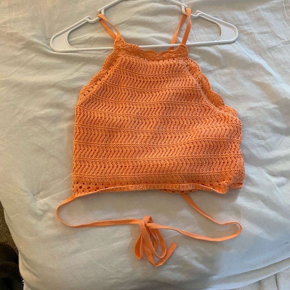 Coral crochet cropped and tie top